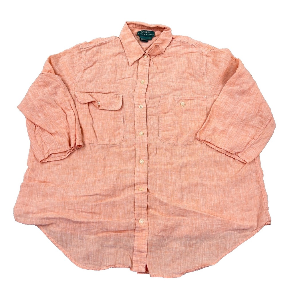 Lauren Ralph Lauren Shirt Women 2X Orange Linen Button Up Dress LRL VTG Peach